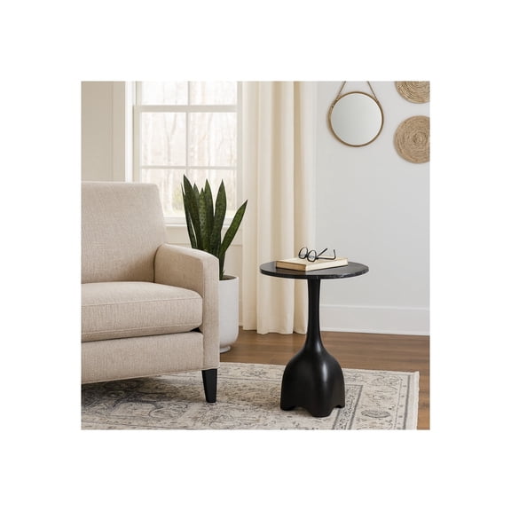 Modern Marble Top Side or End Table with Unique Base - Small Table Stand or Bedside Night Stand for Bedroom, Home, Room, or Living Room Decor - Compact Drink Table for Small Spaces - 21", Black