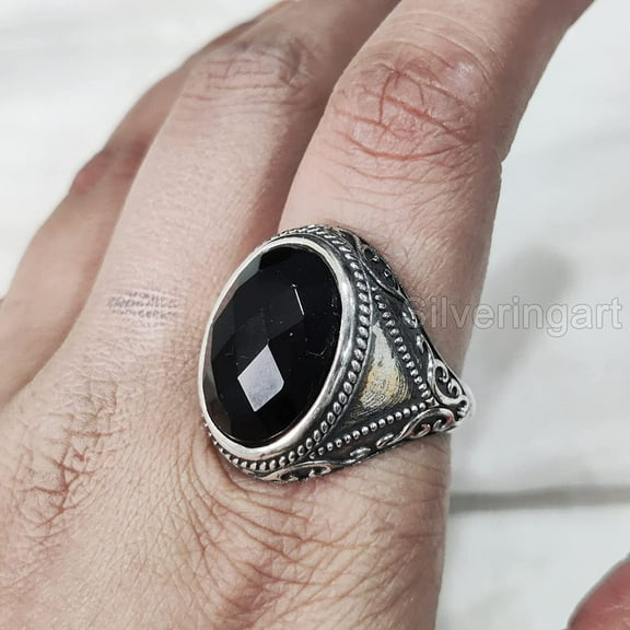 Black Onyx Mans Ring, Natural Black Onyx, December Birthstone, Silver Jewelry, 925 Silver Ring, Birthday Gift, Heavy Mens Ring, Arabic Design, Ottoman Style Ring, Christmas, Turkey Mens Signet Ring