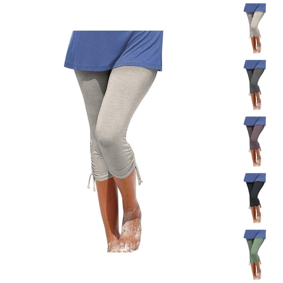Capri Leggings for Women Spring Summer Elastic High Waist Slim Fit Ruched Hem Workout Yoga Pants Capris