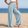 thumbnail image 7 of Women's Cotton Linen High Waist Tie Strap Pleated Wide Leg Pants, Elastic Waist Loose Pocket Resort Trousers, Soft Breathable Summer Bottoms for Travel Daily | TruHer,Light Blue XL, 7 of 7
