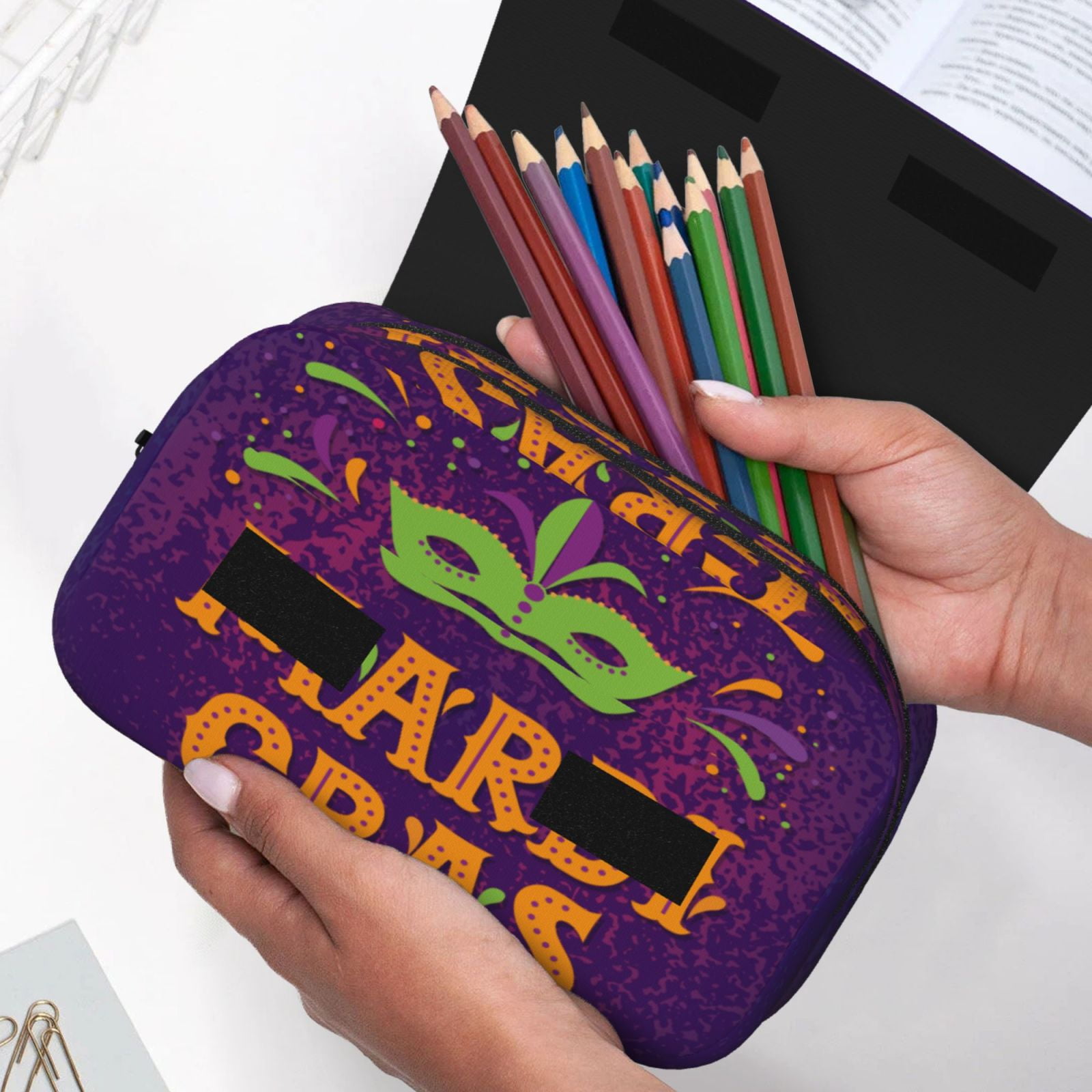Rateoe Mardi Gras2 Pattern Double Clamshell Pen Case, Storage Organizer with Two Zipper Compartments– Holds Up to 50 Pencils & Pens