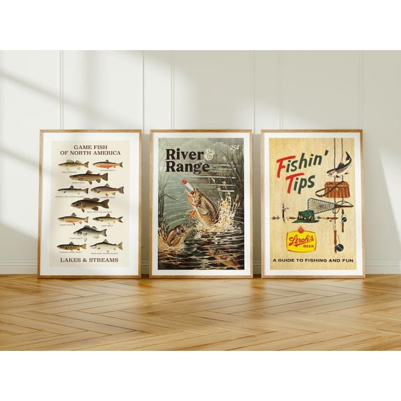 Retro Fishing Art Prints Outdoorsy Cabin Wall Decor For Anglers Gift Set 3 Unframed Paper Print 8x12