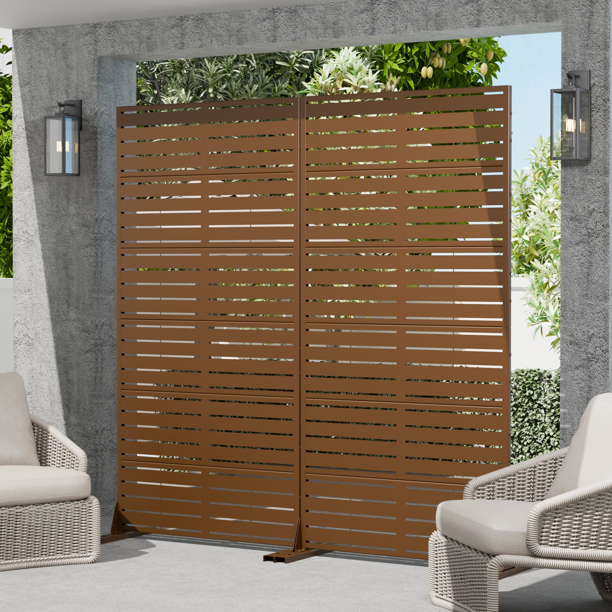 MAYEERTY 72×35" Outdoor Brown Metal Privacy Panel Screen for Backyard & Garden, Louvered Pattern