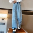 thumbnail image 3 of Coerni Girls Causal Straight Denim Trousers Star Print Distressed Denim Pants Elastic Waist Baggy Wide Leg Jeans Ripped 5-13 Years, 3 of 8