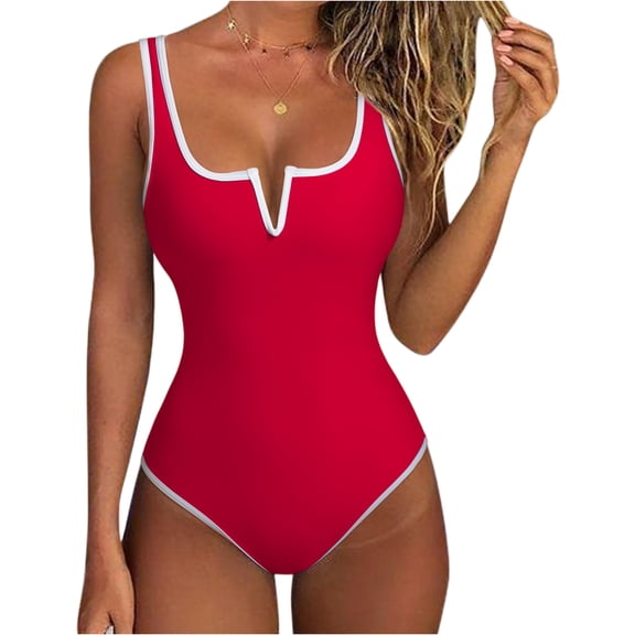Women Sexy Tummy Control One Piece Swimsuits V Wired Slimming Bathing Suit Color Block Printed Swimwear Red L