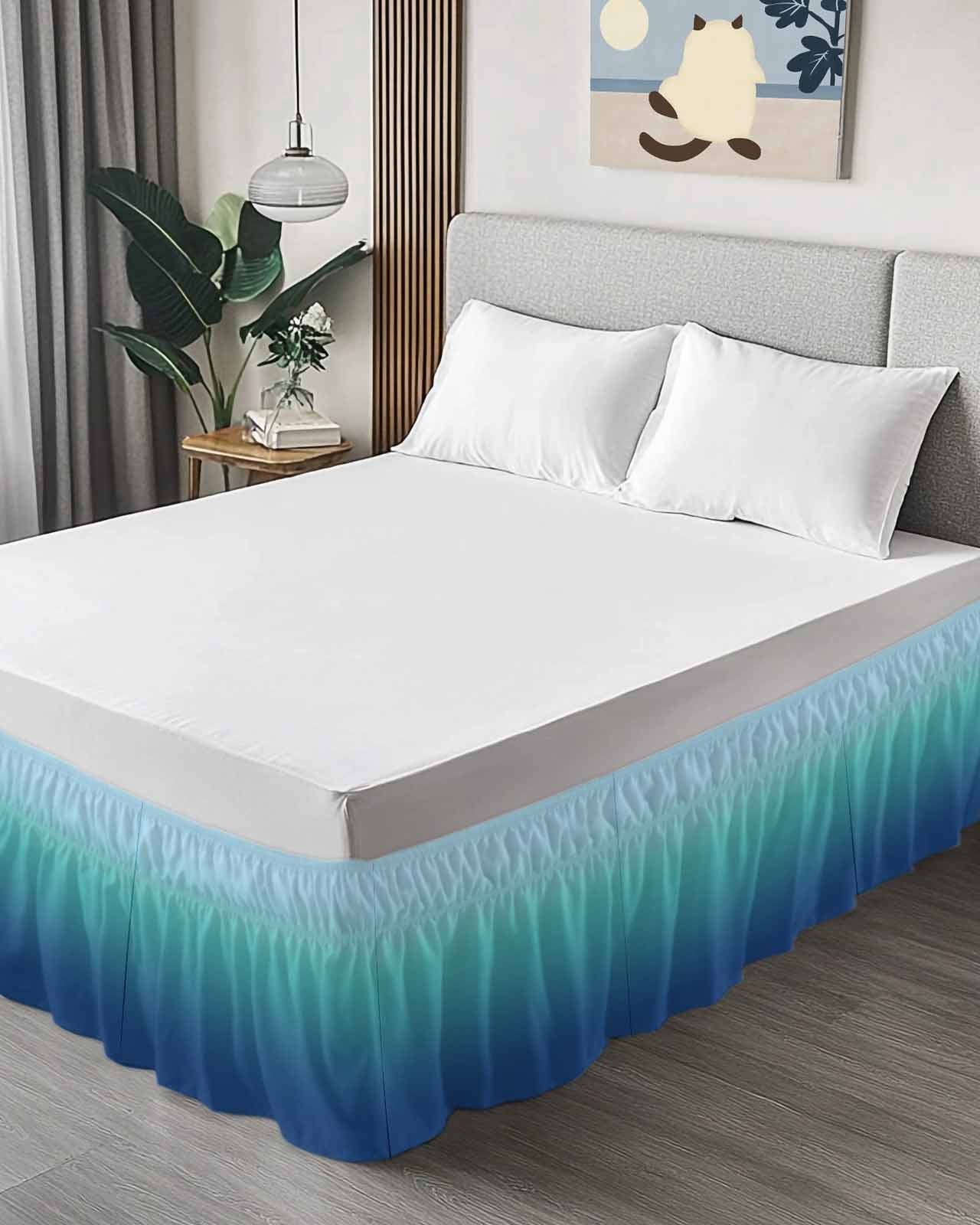 Teal Blue Ombre Bed Skirt Queen Size, Modern Abstract Art Gradient Aesthetics Wrap Around Bed Skirting with Adjustable Elastic Strap, Dust Ruffle Pleated Bedskirts 18 Inch Drop for Bedroom Queen Beds