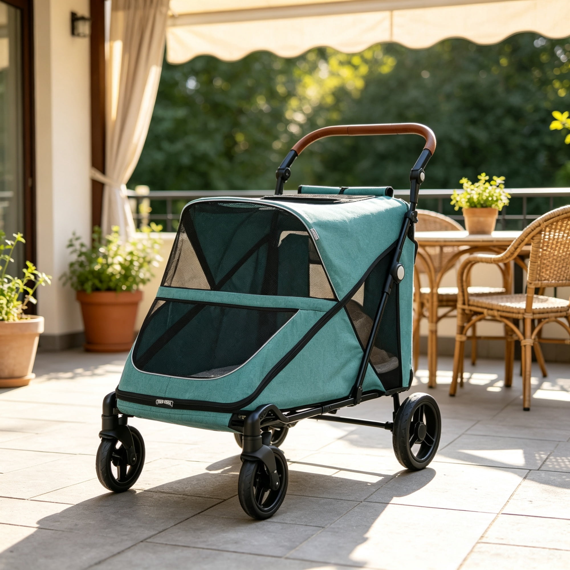 66 LBS Capacity Teal Pet Stroller for Large Dogs, All-Terrain Spring Suspension, 8-Position Adjustable Handle