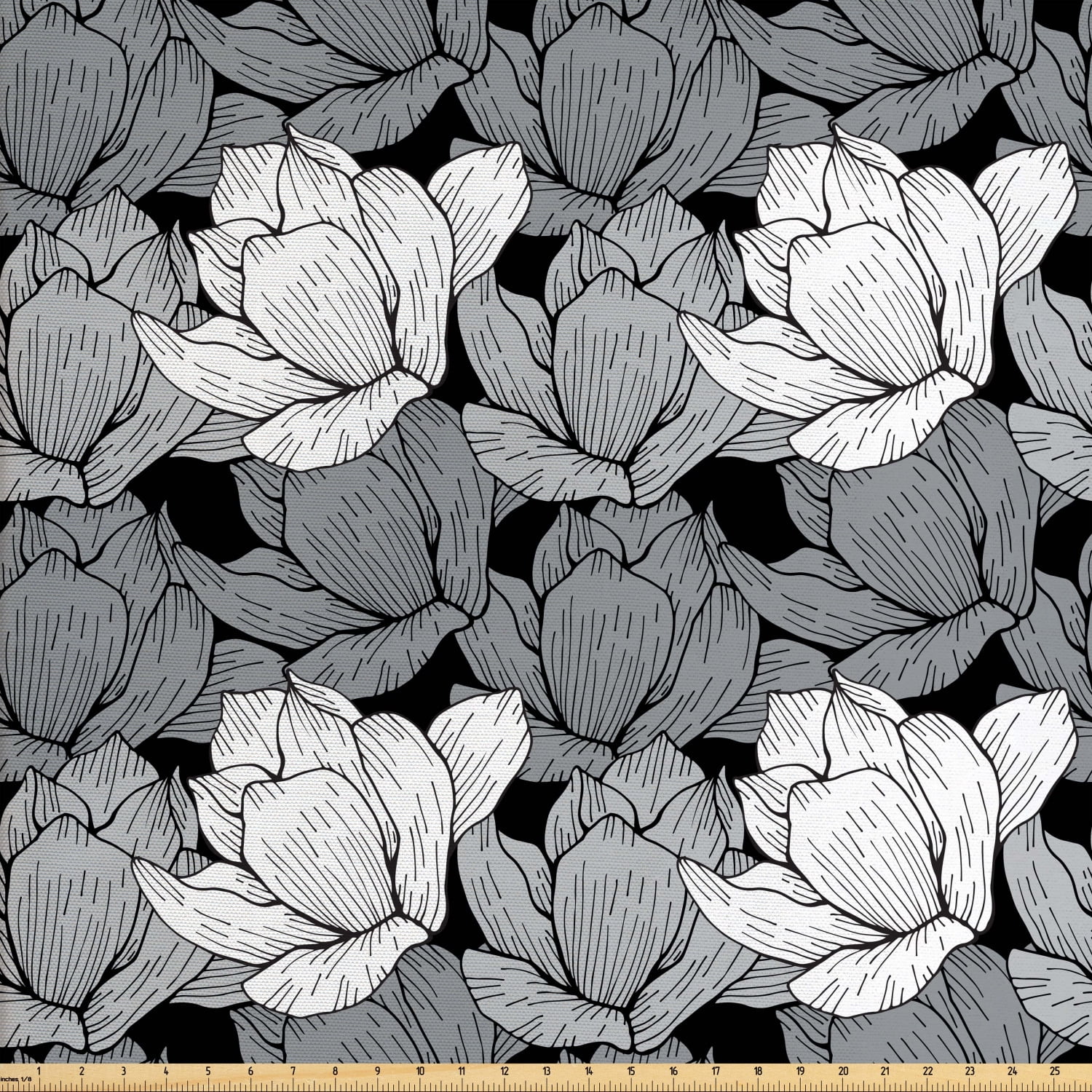 Black and Grey Fabric by The Yard, Floral Arrangement Lotus Traditional
