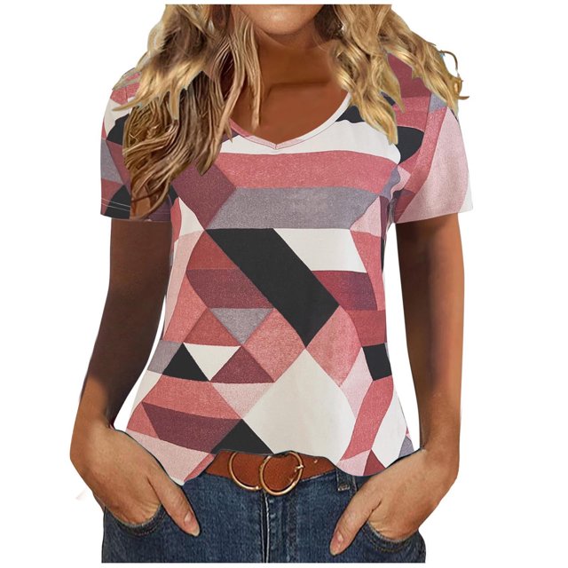Blusas para Mujeres Casual, Cuello en V Impreso Manga Corta Camiseta de Verano Top Hecho de Poliéster Cómodo para el Uso Diario, Blusas de Verano de la Mujer