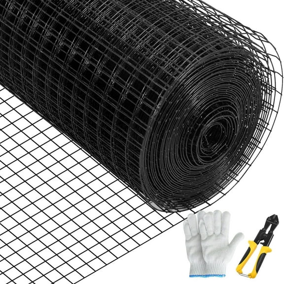 Black Vinyl Coated Galvanized Steel Chicken Wire, 1"x1" Mesh 36"x50' for Pet Enclosures & Garden Fencing, Includes Gloves & Pliers