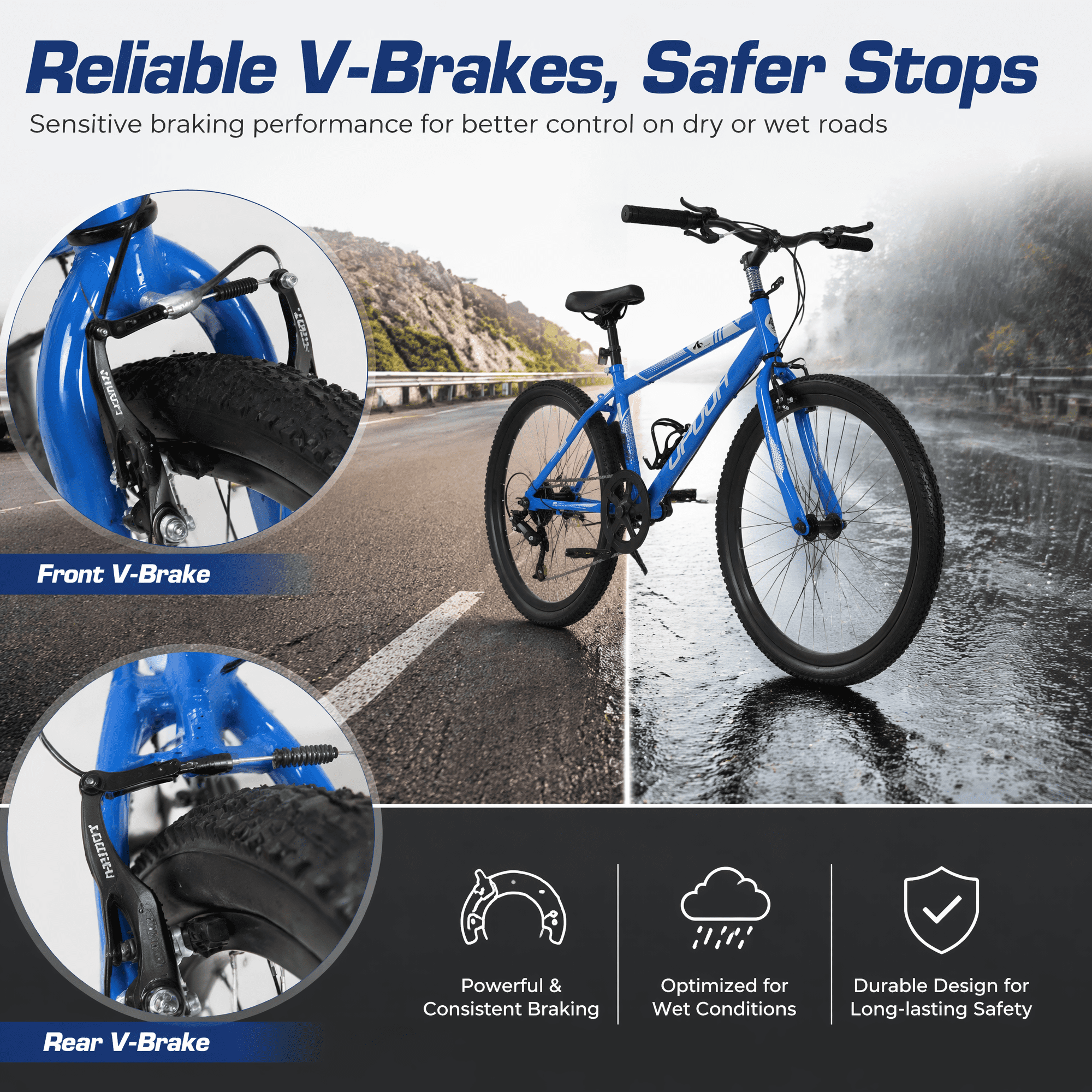 FUPOJH 24" Mountain Bike for Adults,7 Speed,V Brakes,off Road Tires,Adjustable Seat,Blue