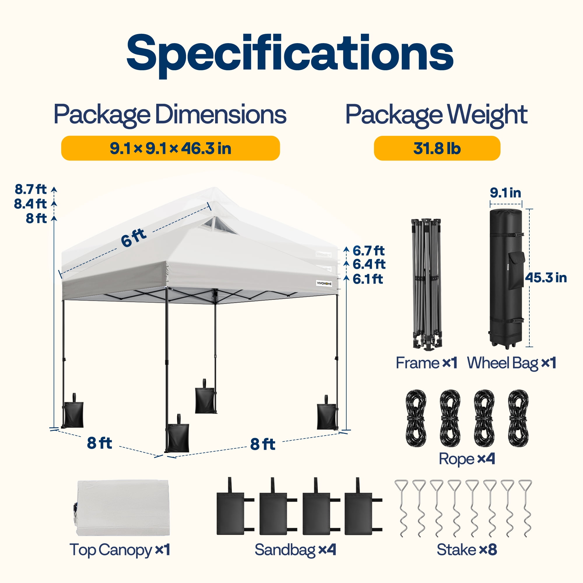 SPECSTAR 8x8ft Pop-up Canopy Tent One Push Setup Instant Tent with Center Lock, Wheel Carry Bag and 4 Sandbags for Events Parties, White