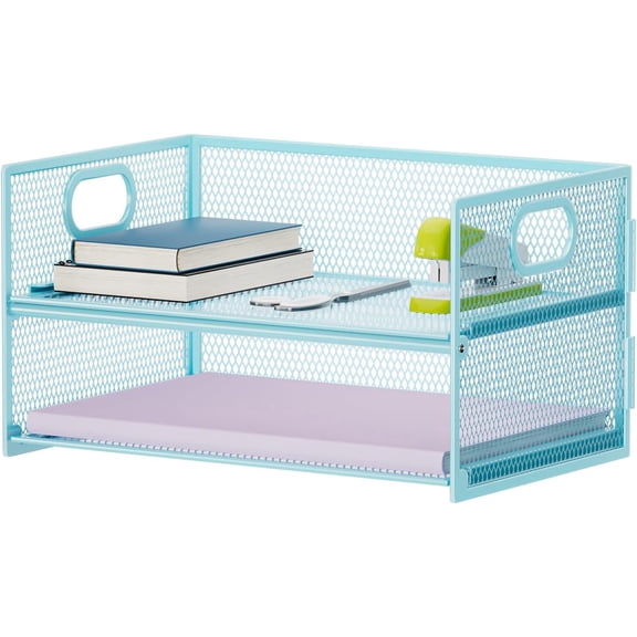 2 Tier Paper Organizer Letter Tray, Mesh File Organizer with Handle, Paper Sorter Desk Organizer for Home Office Supplies - Blue