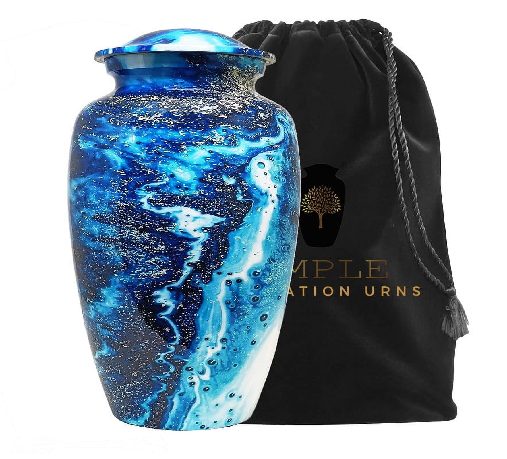 AMPLE CREMATION URNS | Blue Ocean Waves Cremation | Aluminum Urn with Soothing Sea-Inspired Design | Secure Airtight Lid | Memorial Urn for Adult Ashes | 200 lbs. | 6.5 x 10.5 inches | Blue