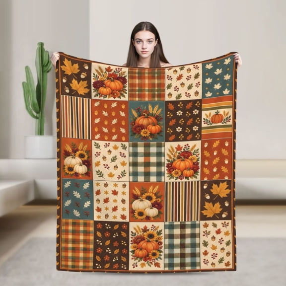 Autumn Pumpkin Patchwork Blanket Gift Fall Harvest Farmhouse Home Decor Cozy Soft 50x40 in