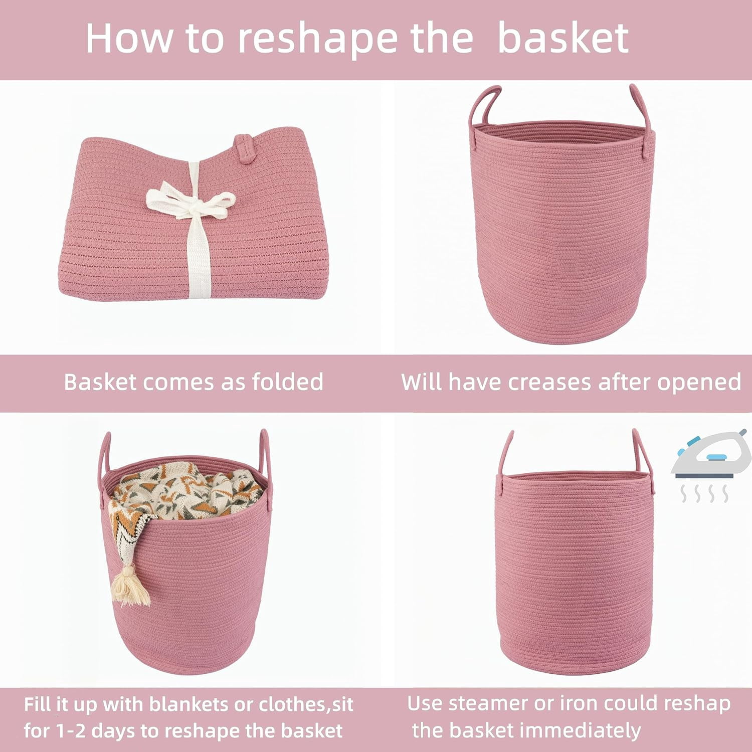 WarmHaven Cotton Rope Laundry Basket Hamper for Clothes Woven Storage Basket for Living Room Bedroom Boho Tall Rope Baskets for Blanket Toys Pillow Towels Baby Nursery Hamper Bin grape purple