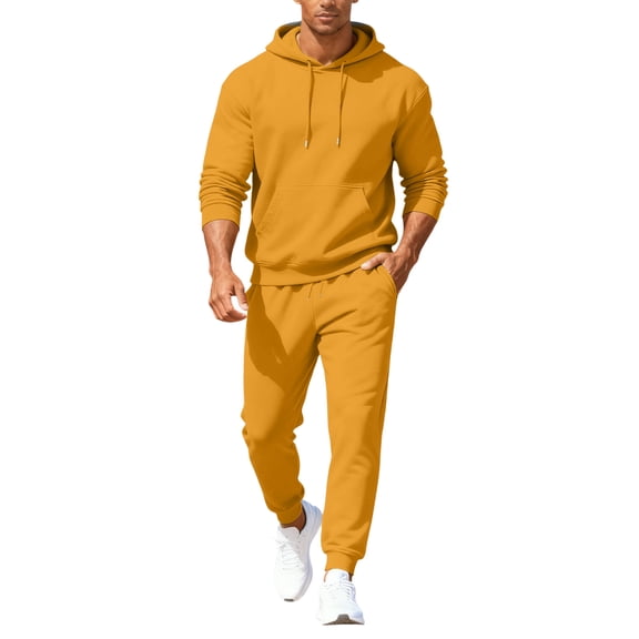 Hogleaql Mens Hoodie Sweatsuit 2 Piece Solid Color Casual Hoodie Joggers Sport Pants Set Sweat Fall Winter Suits with Pockets Orange M