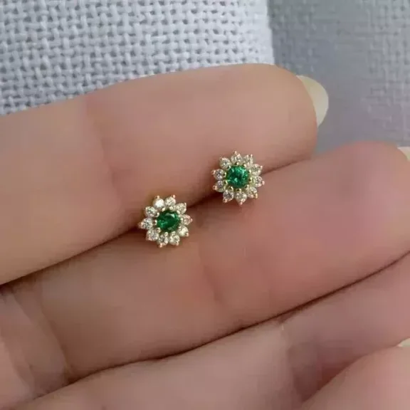 1.20CT Round Cut Lab Created Green Emerald Stud Earrings 14K Yellow Gold Plated