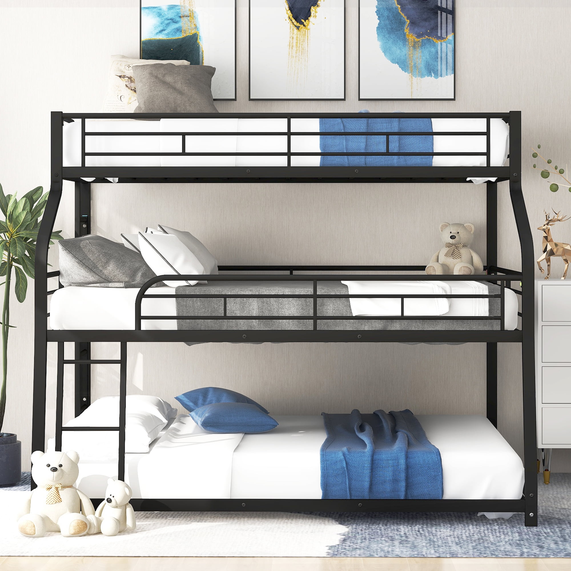 MAYEERTY Twin XL/Full XL/Queen Triple Bunk Bed with Long and Short Ladder and Full-Length Guardrails,Black