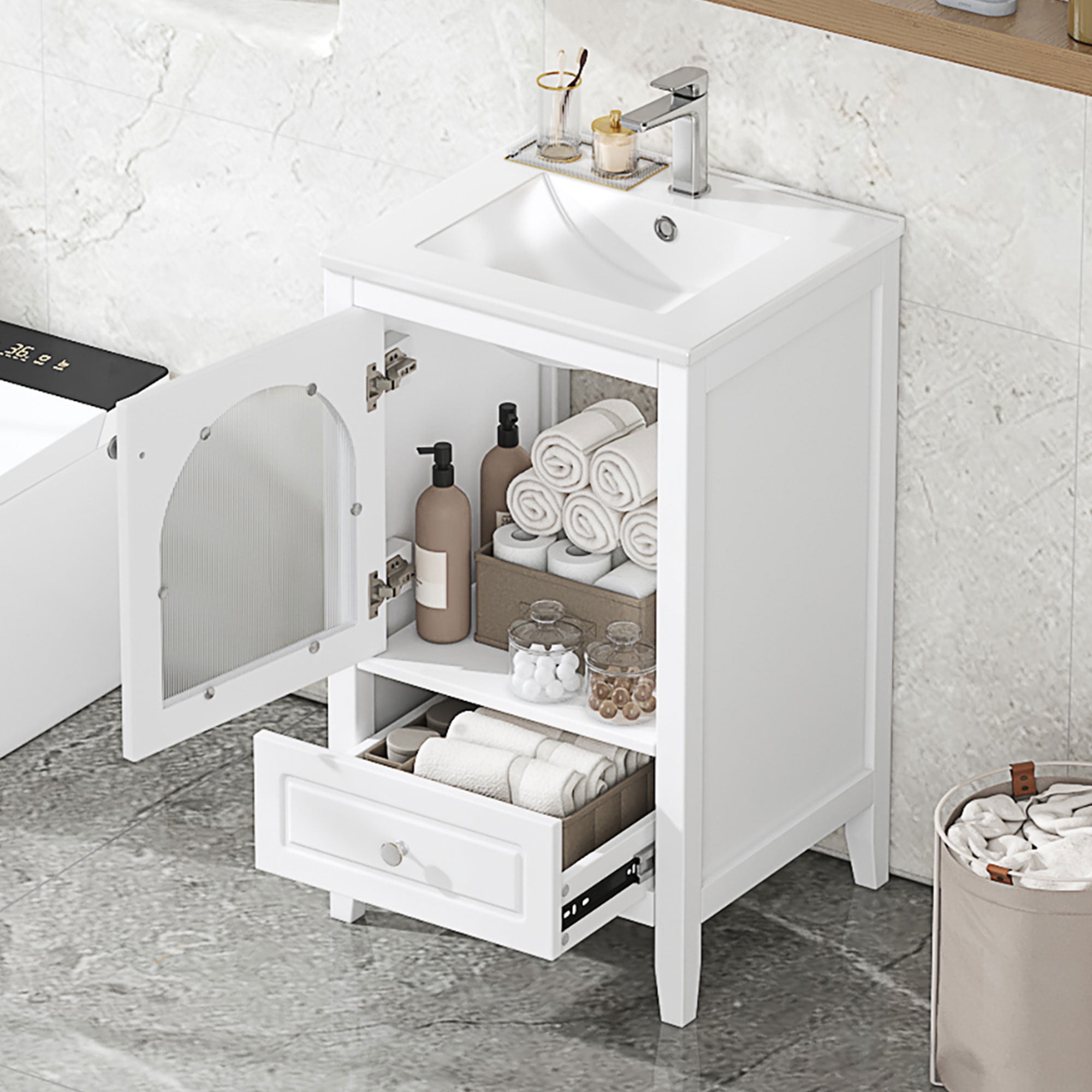 Euroco 24-Inch Bathroom Vanity with Sink – White Freestanding Cabinet with Glass Door, Drawer, Soft-Close Door & Ceramic Basin – Solid Wood Frame