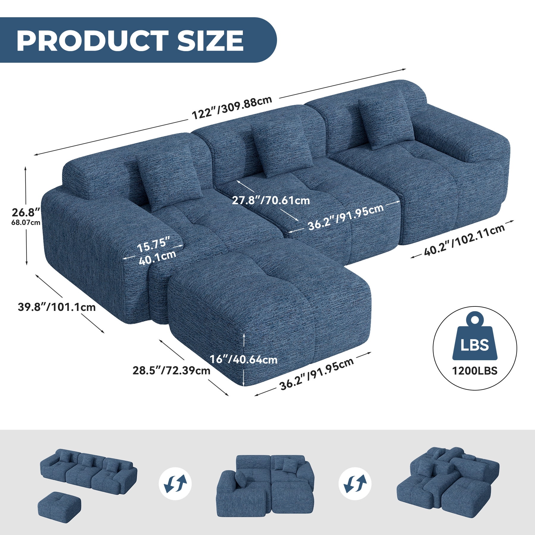 Daluvenix 122" Modern L Shaped Modular Sectional Sofa, Chenille Modular Cloud Couch for Living Room with Deep Seat, 4 Seater Convertible Cloud Couch Sofa Set, No Assembly Required, Blue