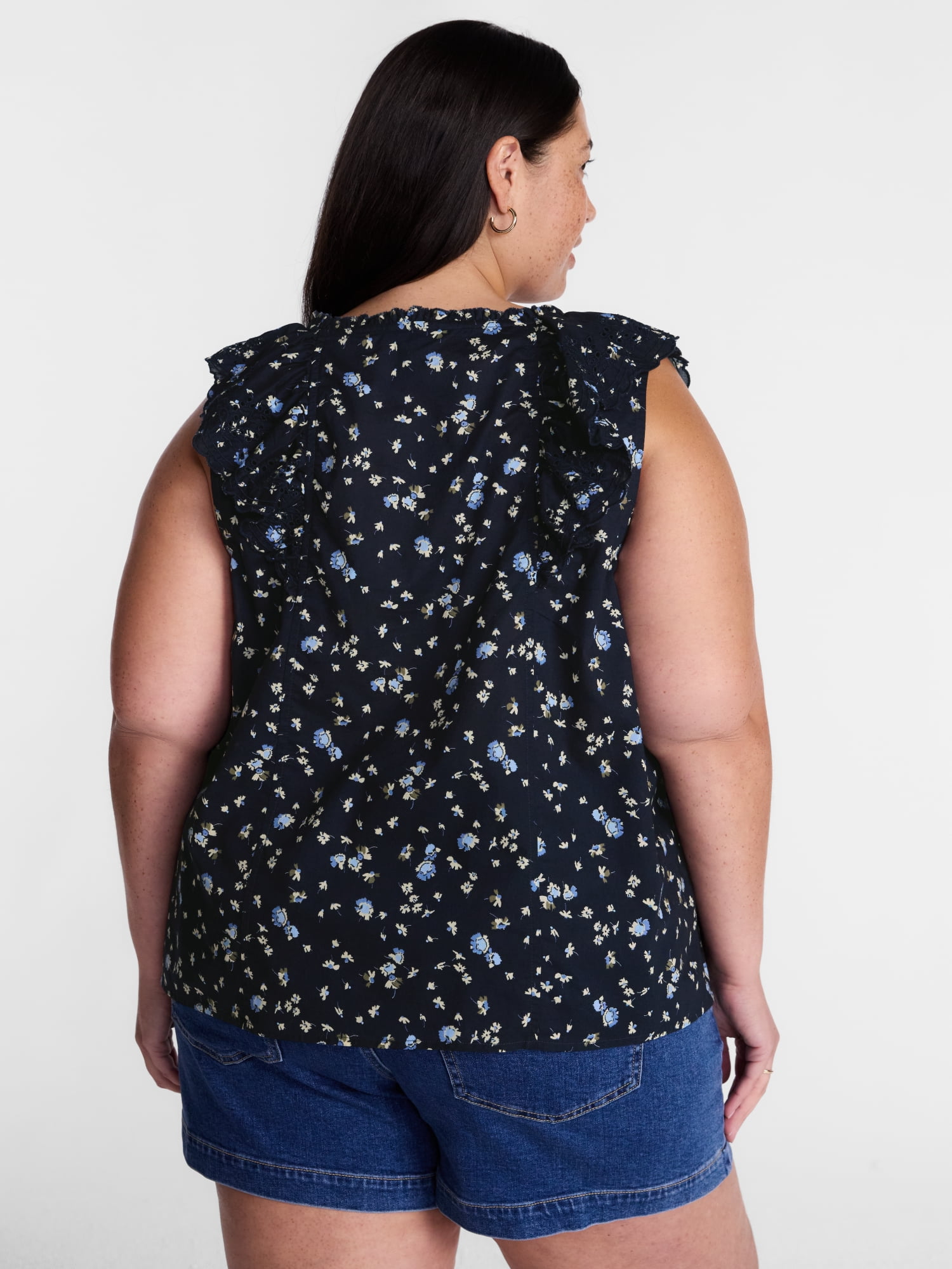 Terra & Sky Women's Plus Sleeveless Eyelet Ruffled Trim Cotton Tank Top, Sizes 0X-5X