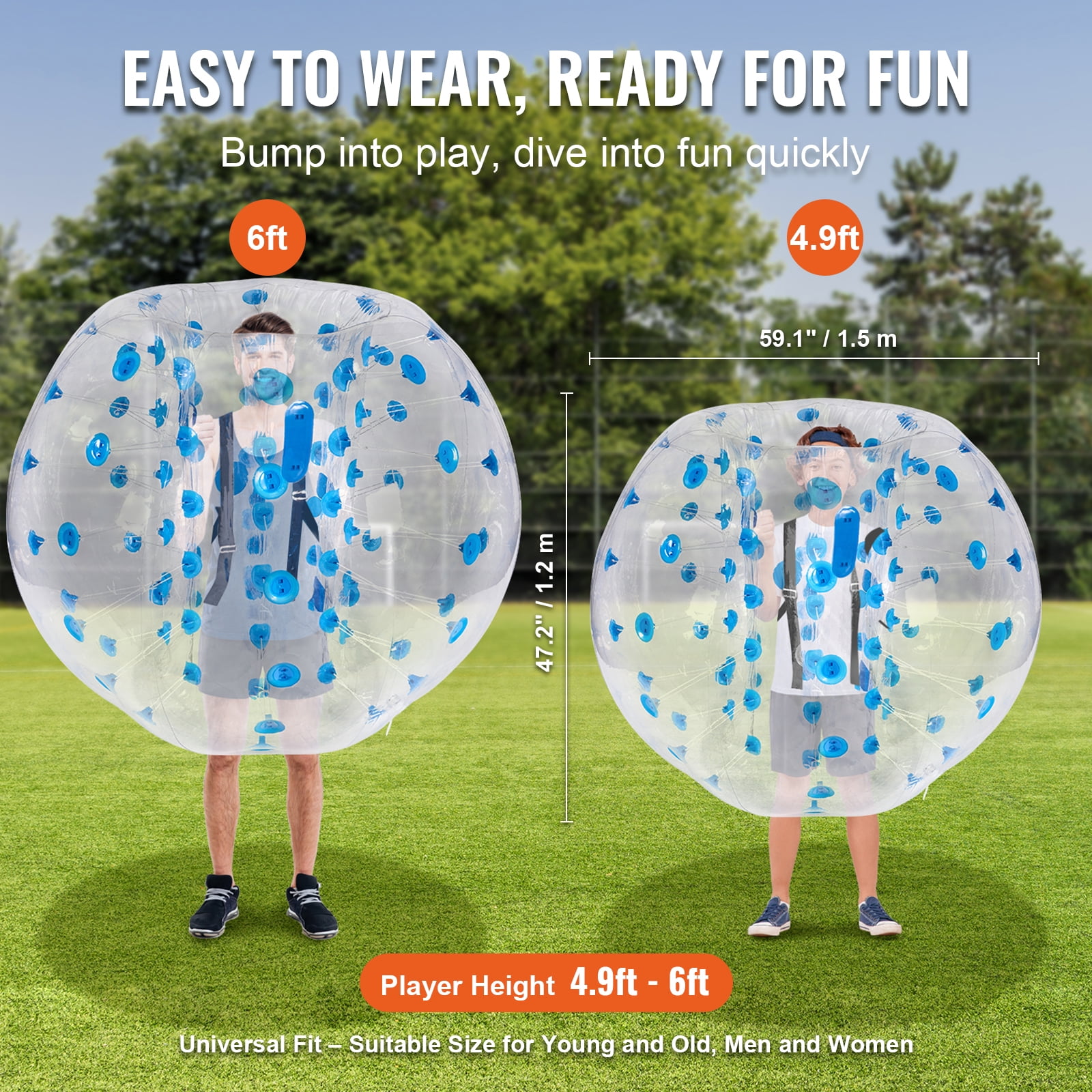 KFFKFF Inflatable Collision Ball, Single Pack, 5 Feet Diameter, Suitable for Teens & Adults, Durable 0.8mm PVC Material, Human-Sized Bubble for Outdoor Group Activities, Ideal for Backyard and Park