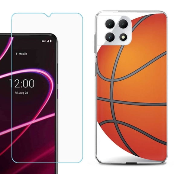 Phone Case for T-Mobile Revvl 7 5G, Shockproof Case Cover with Tempered Glass Screen Protector, by OneToughShield - Basketball