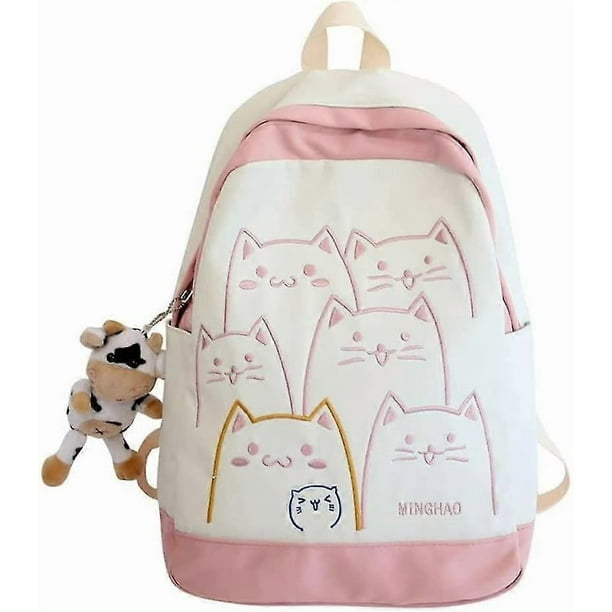 Kawaii Backpack With Plushies Japanese Cats Preppy Backpack Cute Aesthetic Backpack For Teen Girls Back To School Supplies (pink)