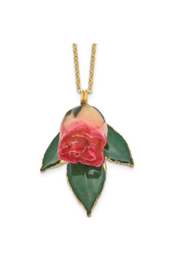 Fashion Lacquer Dipped White/Pink Rose With 24K Gold-Trim Leaf 20In Gold-Tone Necklace Made In Thailand bf2000-20