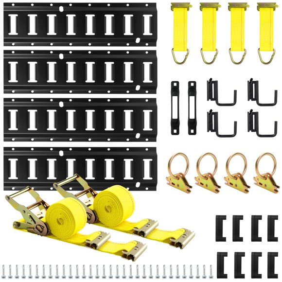 Elechomes E Track Tie-Down Rail Set: 4 Pack 16" E-Track Rails with 2 Ratchet Straps, 4 Rope Tie Offs, 4 O Rings, 4 J-Hooks, 2 Single Slot,
