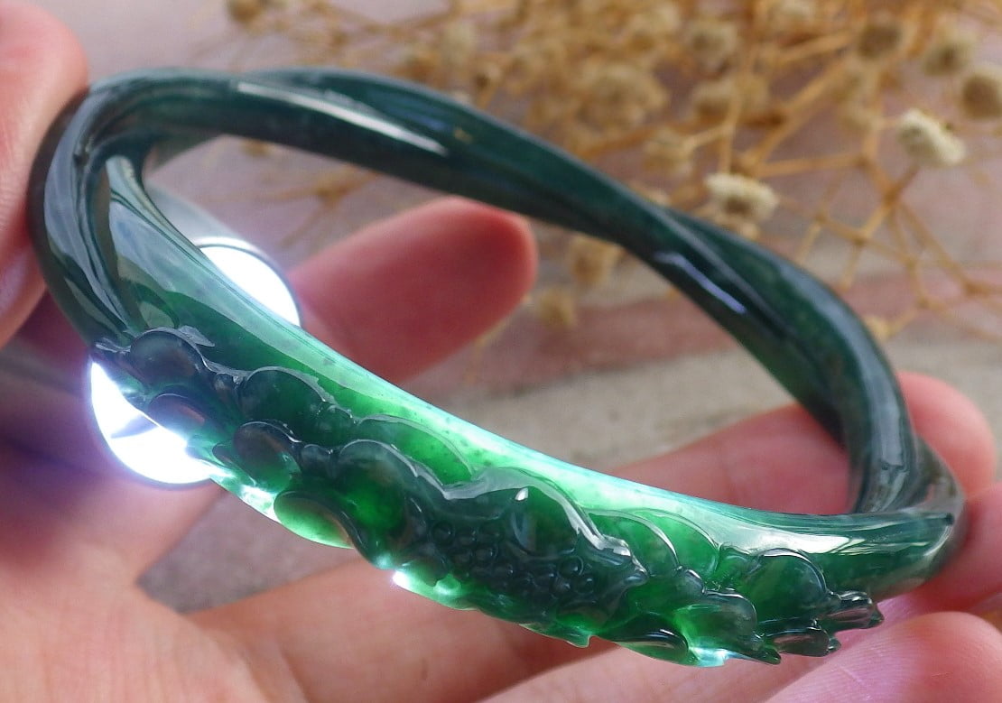 Icy Green Natural A JADE Jadeite Flower Knotted Bangle Bracelet 61 mm 683959 TN