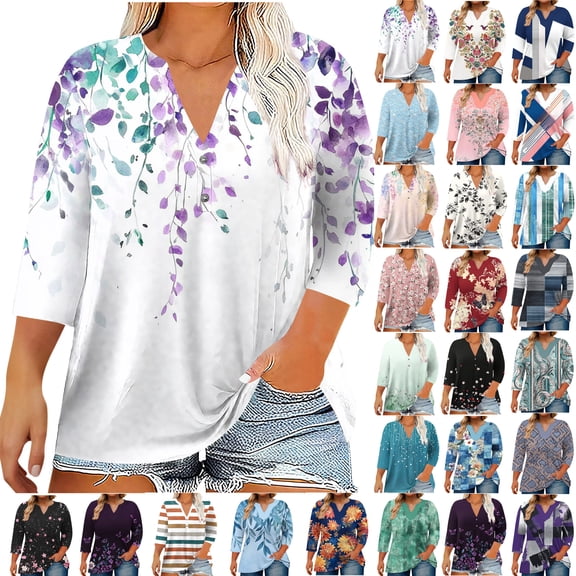 Plus Size Tops for Women 3/4 Sleeve Shirts Tunic Tops Casual Printed V-Neck Blouse Fashionable And Comfortable Top (Size:L-5XL)