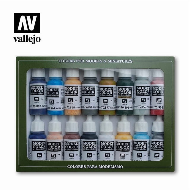 Vallejo Basic Model Color Paint Set,16×17ml Bottles for Beginner Hobbyists, Multi-Use Matte Acrylic Pigments for Miniature & Scale Model Craft Painting