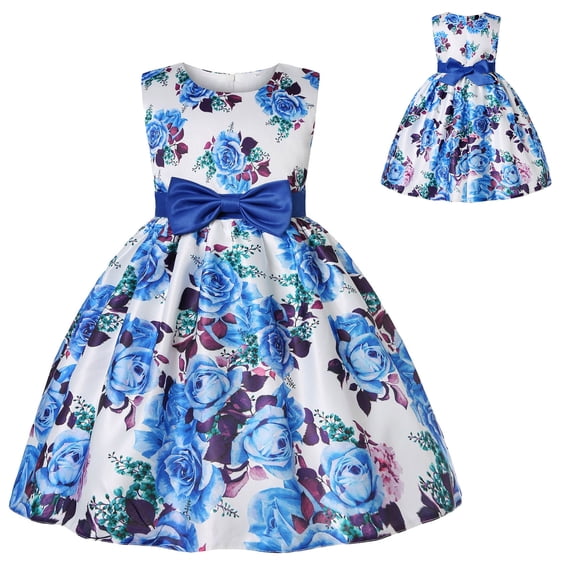 Weebloom Flower Girl Dresses For Wedding Birthday Toddler Kids Floral Flowers Prints Sleeveless Beach Straps Dress Princess Clothes Formal Party Blue Girls Dresses