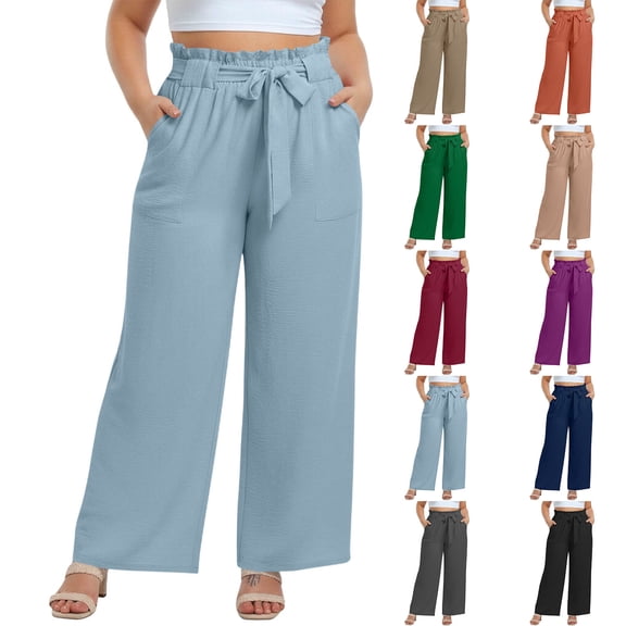 Plus Size Womens Wide Leg Palazzo Pants Business Casual High Waisted Pants Summer Loose Work Trousers with Pockets