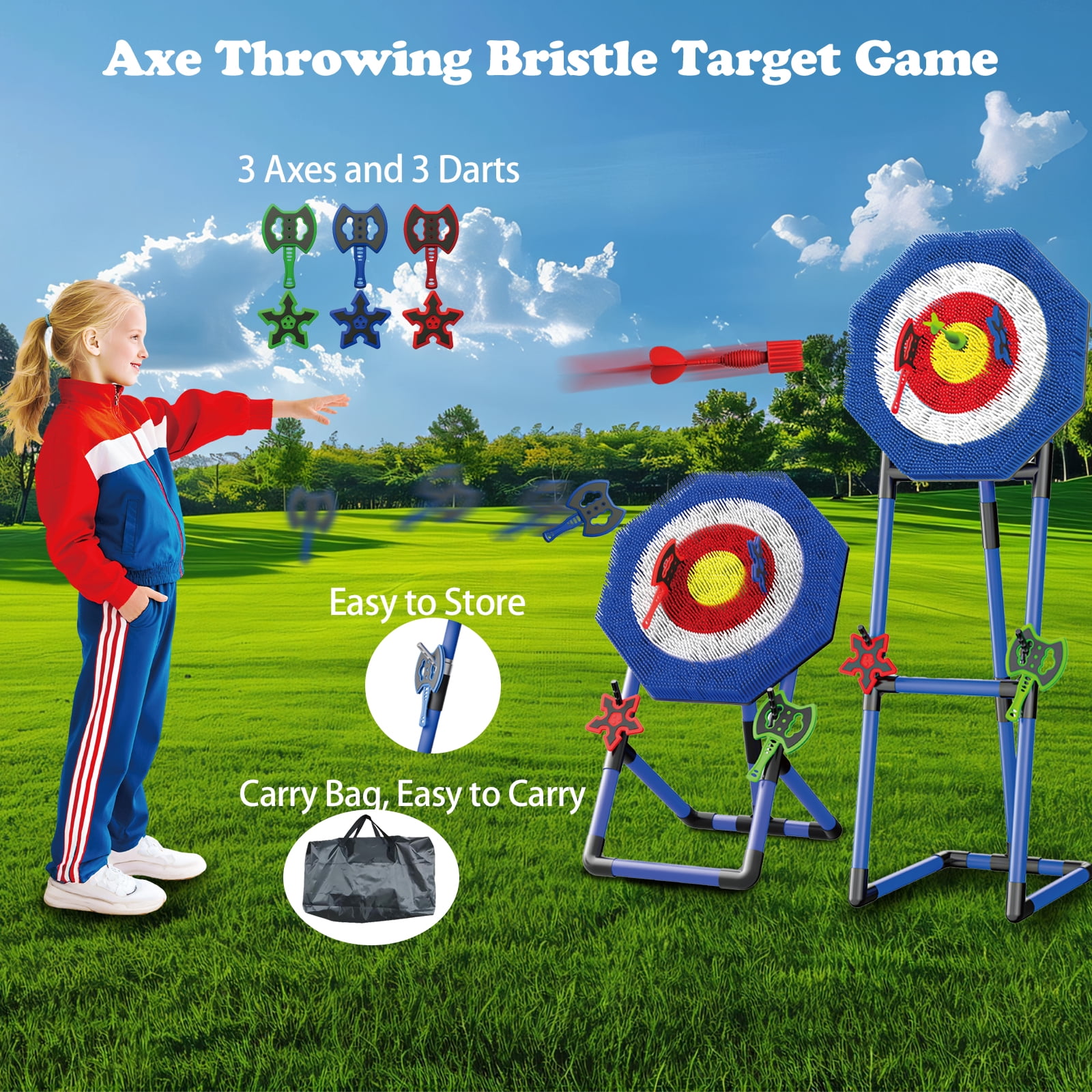 Plustopoy Axe Throwing Target Set with 3 Axes, 3 Star Darts and 2 Darts, Portable Backyard Games for Adults and Family, Indoor Outdoor Games