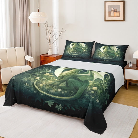 Feelyou Magic Green Dragon Twin Sheet Sets for Boys, Mystic Western Animal Twin Fitted Sheet, Jungle Flower Floral Flat Sheet, Luxury Bedroom Decor, 3 Pieces