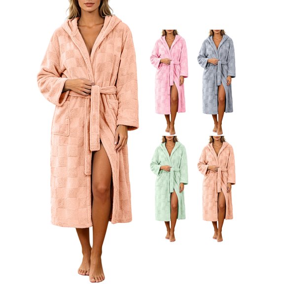 Women's Robe Flannel Hooded Bathrobe Solid Color Waist-Tie Fleece with Pockets for Fall & Winter