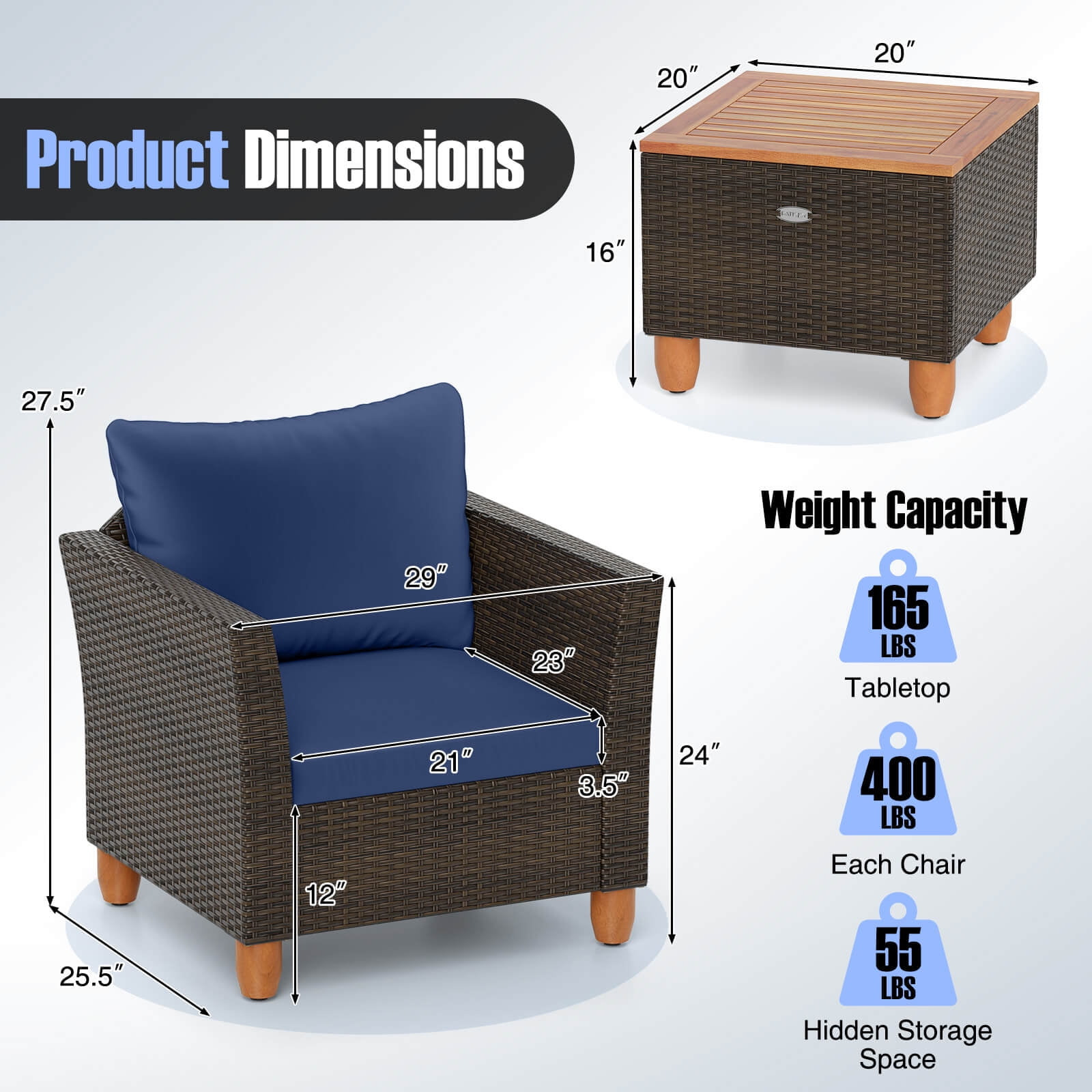 Costway 3 PCS Outdoor Patio Rattan Bistro Furniture Set Wooden Table Top Cushioned Sofa Navy