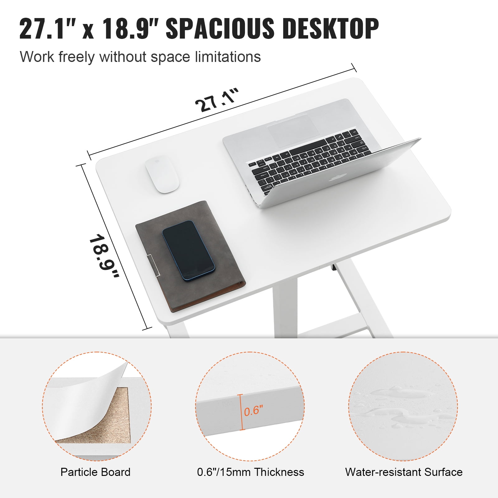 KFFKFF 28"-44" Gas-Spring Height Adjustable Sit-Stand Desk, Mobile Standing Desk, 4 360° Swivel Wheels (2 Lockable) Portable Rolling Laptop Table Computer Cart, 40LBS Loading