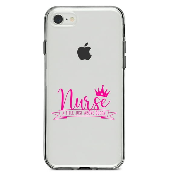 DistinctInk Clear Shockproof Hybrid Case for iPhone 7 8 SE (2020 Model) 4.7" Screen TPU Bumper Acrylic Back Tempered Glass Screen Protector - Nurse - Title Just Above Queen - Pink