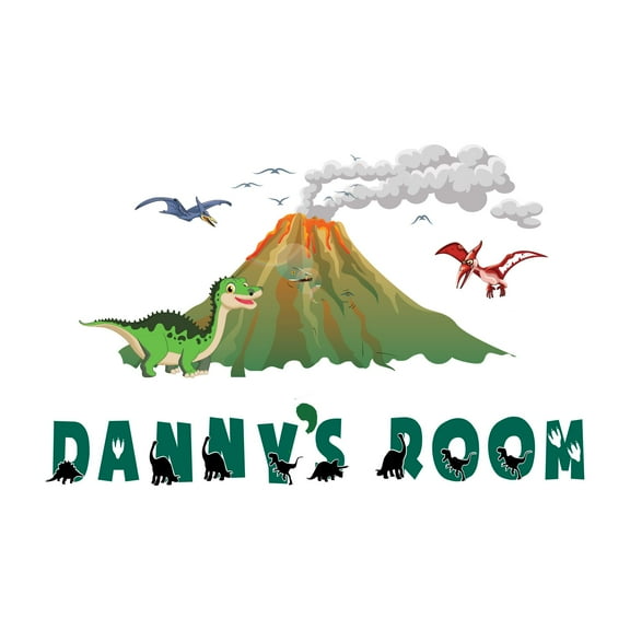 Custom Name Flying Dinosaurs Molten Volcano ArtWall Decal Decoration Joyful Cartoon Cartoon Animals Decorating Ideas for Child's Bedroom Size: 10 In(W) x 6 In(H)