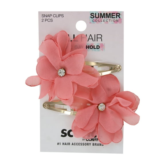 Scunci Summer Collection All Hair All Day Hold Snap Clips, Pink Floral Design with Rhinestone Accent, 2-Count