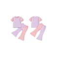 thumbnail image 3 of Yunliwuli Kid Girls Pants Set, Contrast Color Short Sleeve Crew Neck T-shirt with Flare Pants Summer Outfit, 3 of 10