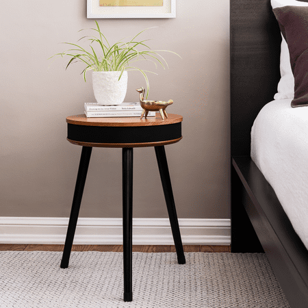 DecorTech Round End Table with Bluetooth Speaker and USB Charging Port, Walnut