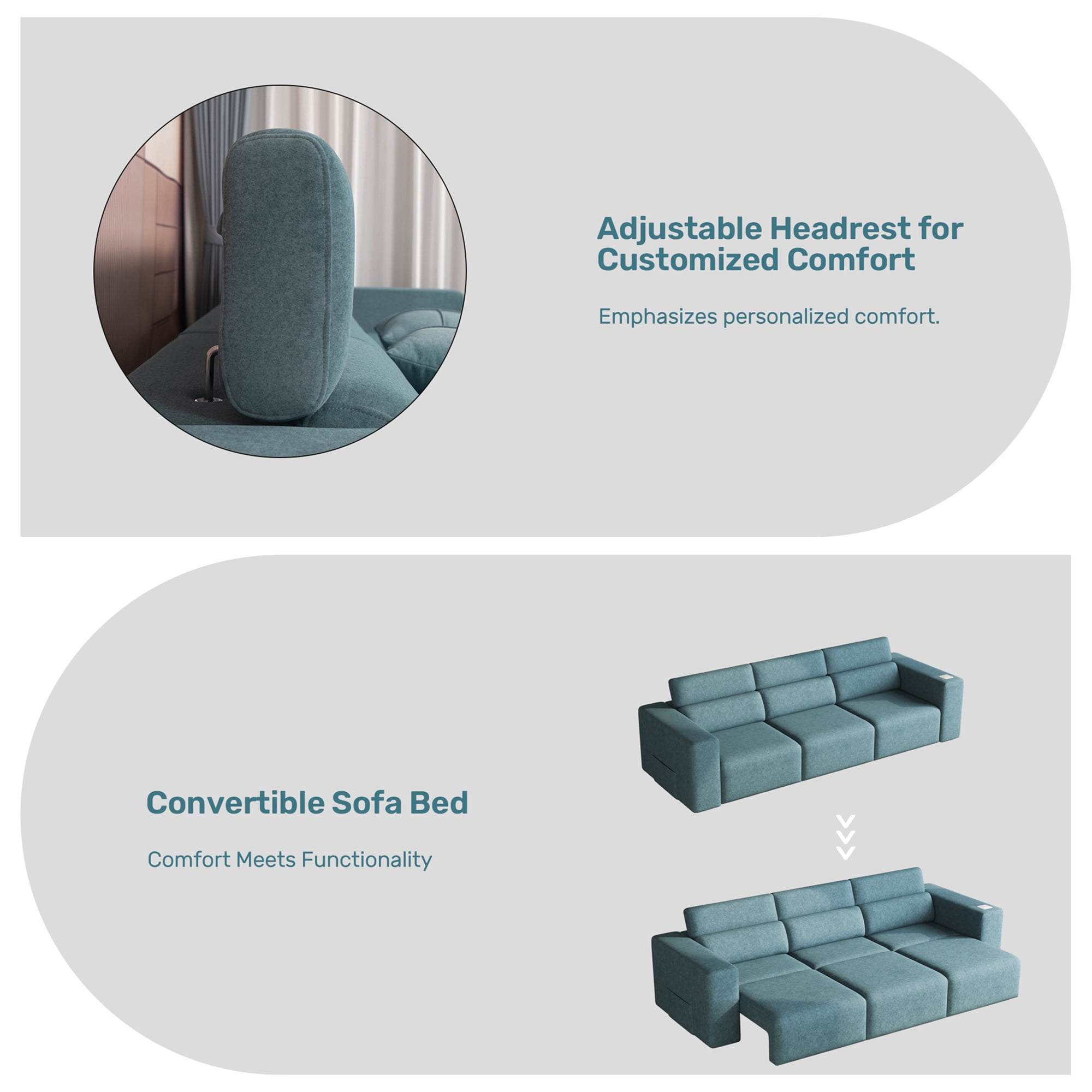 124" Convertible Power Recliner Sleeper Sofa with Adjustable Headrests, PU Leather 3-Seat Couch with Bluetooth Speakers, Wireless Charging, USB/Type-C & Night Light, Waterproof Faux Leather, Blue