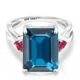 thumbnail image 2 of Gem Stone King 10K White Gold London Blue Topaz and Red Created Ruby 3 Stone Engagement Ring for Women (10.04 Cttw, Emerald Cut 14X10MM, Trillion 4MM, Size 5), 2 of 5