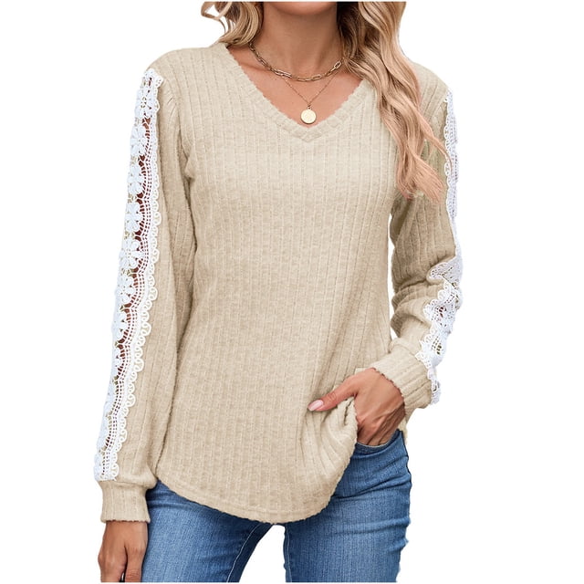 MHFRRA Blusa Informal de Manga Larga para Mujer con Encaje En contraste, Holgada, para Uso Diario, Primavera y Otoño. Beige