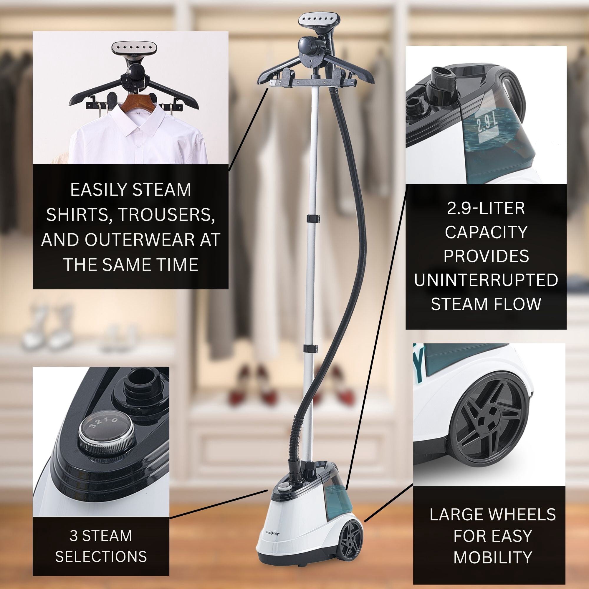 True & Tidy Tidy Commercial Heavy Duty Garment Steamer with Extra Large  Water Tank, White